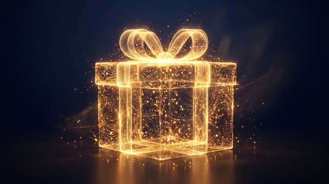 luminous, digital gift box crafted from swirling golden light particles and sparkling wireframes,