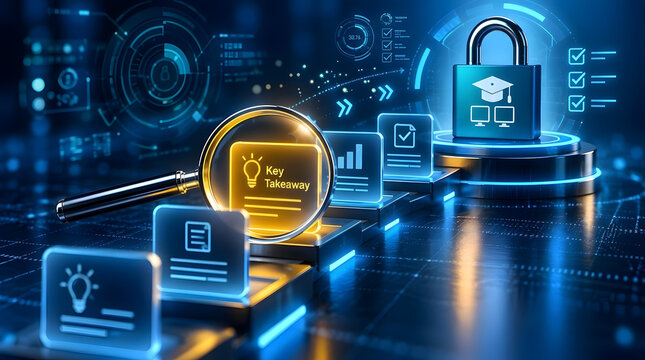 Futuristic digital interface showing data analysis and research with a magnifying glass focusing on key takeaway concepts next to a secure padlock for e-learning and educational technology.
