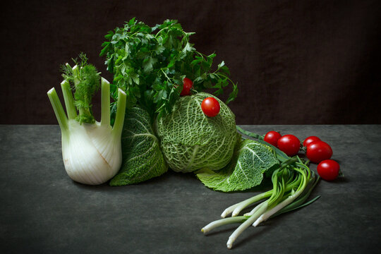 Fresh fennel, Savoy cabbage, dill, peppers, parsley, and tomatoes