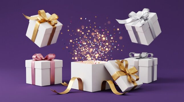 confetti bursts from one open box,Gift boxes float mid-air,bursts open with a magical shower of glowing star confetti