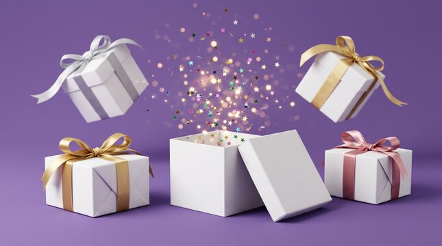 confetti bursts from one open box,Gift boxes float mid-air,bursts open with a magical shower of glowing star confetti