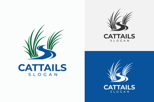 Cattail reeds and flowing water stream vector logo template suitable for landscaping, environmental, lake, or wetland conservation.