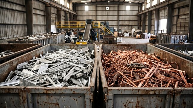 Collection of Recyclable Metals in Industrial Yard with Containers of Aluminum and Copper Scrap Ready for Processing and Recycling in a Large Warehouse Environment