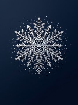 Intricate silver snowflake with symmetrical branches and tiny stars on a dark navy blue background