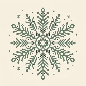 Sage green snowflake with symmetrical branches and a central star on a cream background, minimalist winter design