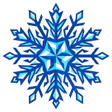 Blue geometric snowflake with symmetrical branches and light cyan facets on a white background