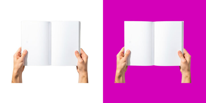 Open empty book held in human hands for reading mockup on bright color transparent png