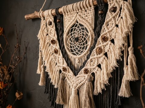 handmade spider web macrame decoration Bohemian macrame wall hanging with intricate knot patterns and wooden beads.