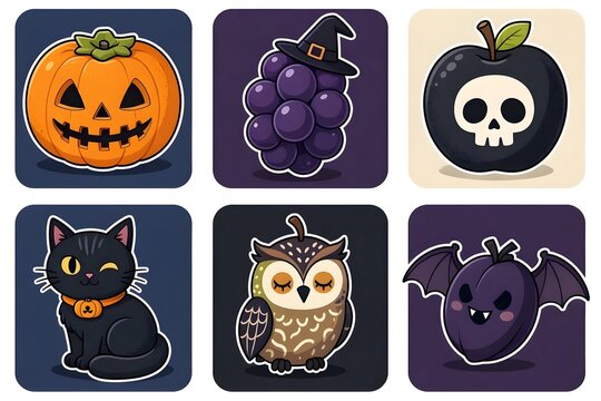 A collection of cute Halloween-themed vector stickers, featuring a jack-o-lantern pumpkin, grapes with a witch hat, a black apple with a skull motif, a black cat, an owl, and a vampire bat fruit chara