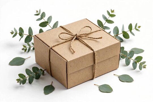 Eco friendly kraft paper gift box with eucalyptus leaves and twine on white background
