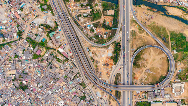 Aerial view of Accra Ghana N1 highway interchange winding through