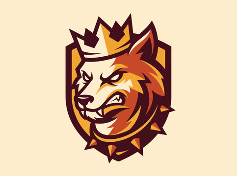Fierce wolf king mascot logo, aggressive predator head with gold crown and shield, bold esports emblem vector for gaming and sports branding