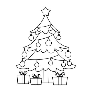 Christmas Tree Coloring Page Outline with Ornaments, Star, and Gift Boxes Vector Illustration. Hand Drawn Christmas Tree Coloring Book Page Vector Outline Isolated on White Background. 