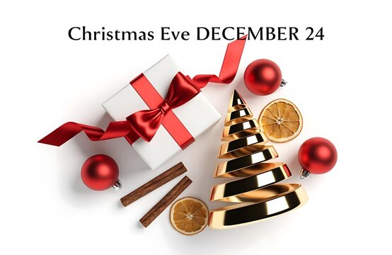 Wrapped gift box with red ribbon beside golden tree ornament and christmas baubles dried orange flat lay cinnamon celebration decoration december seasonal greetings background top view