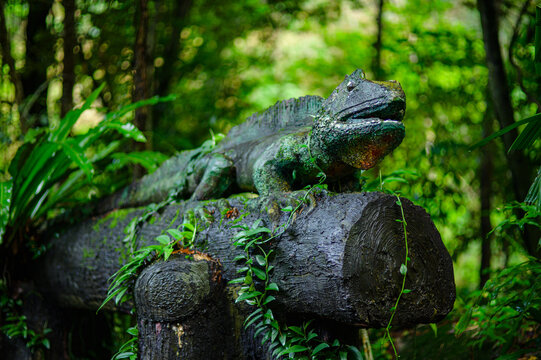 Lizard Sculpture Resting on Wooden Log in Dense Forest with Green Vegetation