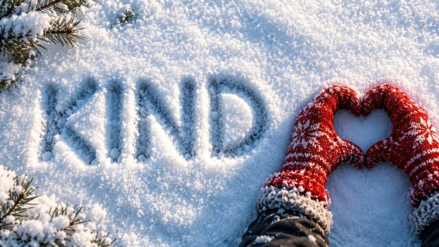 Hands in red knitted mittens forming a heart shape next to the word kind written in fresh winter snow.