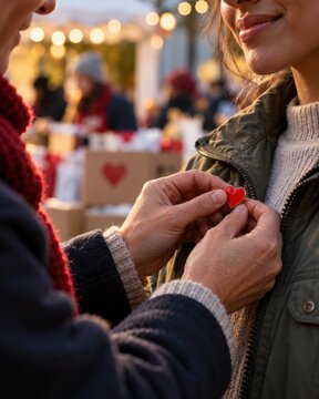 Volunteer pins a small red heart emblem onto a warm winter jacket during an outdoor charity donation event.