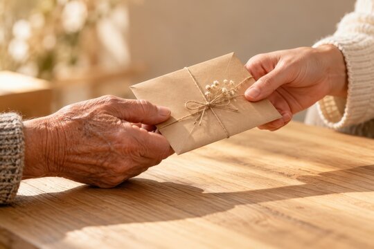 An aged person receives a small brown paper envelope adorned with floral twine from younger hands.