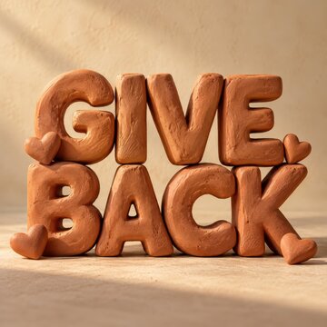 Clay letters spelling give back rest on a sandy surface accompanied by small sculpted hearts under warm directional studio lighting.