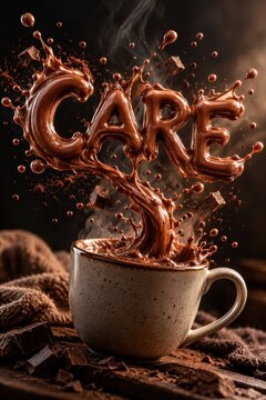 Chocolate splashes form the word care above a steaming ceramic mug filled with rich brown liquid on a rustic wooden table.