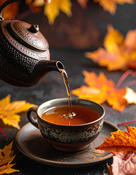 Ceramic teapot pouring tea into cup with autumn leaves on dark table with moody warm cozy mood generative AI