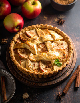 Rustic apple pie on wooden board with cinnamon sticks with moody warm cozy mood generative AI