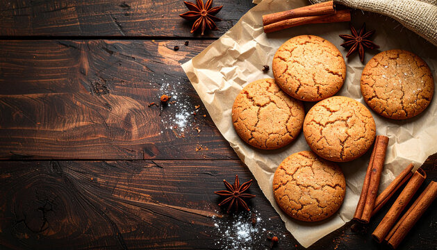 Warm gingerbread cookies on parchment paper with cinnamon sticks and star anise with cozy moody festive mood generative AI