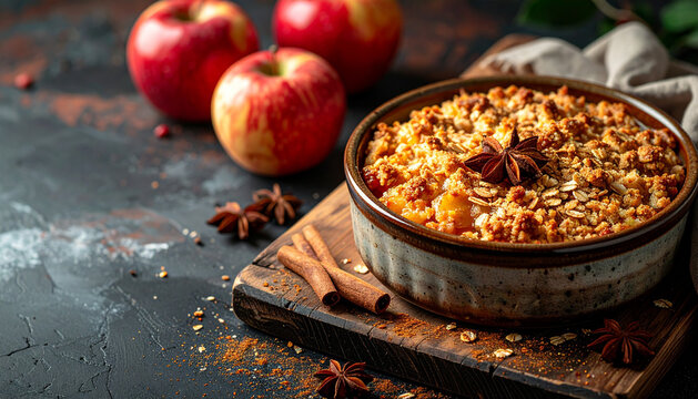 Warm apple crumble in ceramic baking dish with cinnamon and oats with moody warm cozy mood generative AI