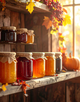 Glass jars with autumn preserves on rustic wooden shelf with warm cozy documentary mood generative AI