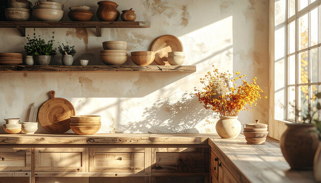 Rustic country kitchen in autumn with open shelves ceramic dishes and dried herbs with warm homey cozy mood generative AI