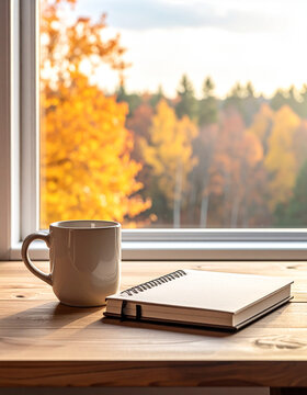 Wooden desk near window with notebook and ceramic mug with cozy calm inviting mood generative AI