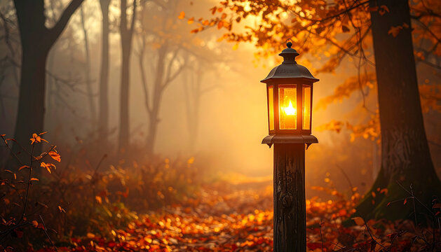 Solitary lantern on wooden post in foggy autumn forest with moody cinematic mysterious mood generative AI