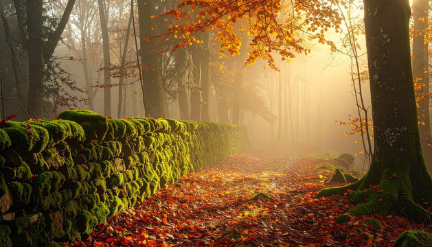 Old moss covered stone wall running through misty autumn woodland with cinematic painterly moody mood generative AI