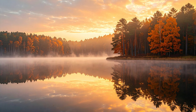 Foggy lake at sunrise in autumn forest with cinematic serene atmospheric mood generative AI
