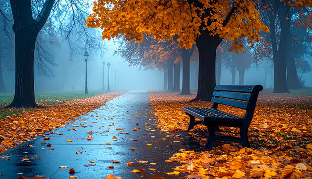 Empty park bench in misty autumn park with moody cinematic melancholic mood generative AI