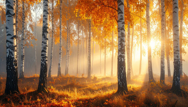 Foggy autumn forest at dawn with tall birch trees with cinematic dramatic atmospheric mood generative AI