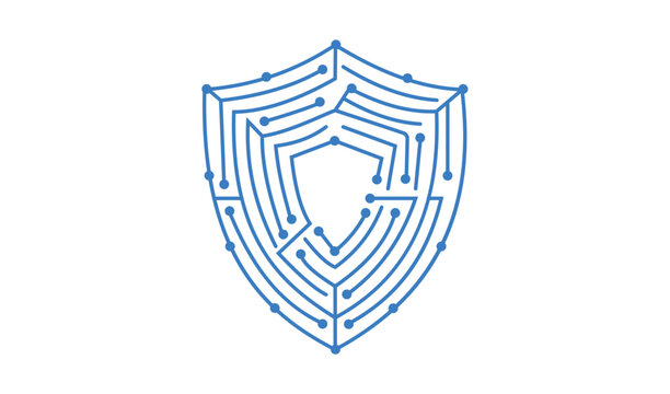 Blue cyber security shield icon graphic featuring digital circuit board lines and connection nodes on a clean white background Vector
