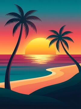 Tropical beach sunset with palm trees and golden sand
