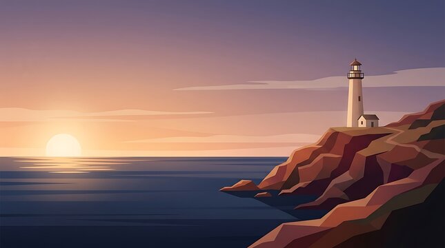 Lighthouse on rocky cliffs at sunset over the ocean