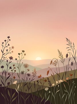 Wildflowers and grasses at sunset with layered mountain landscape