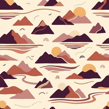 Abstract mountain landscape with layered peaks and golden suns
