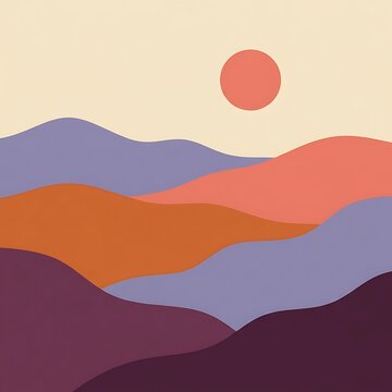 Abstract layered landscape with sun in warm sunset colors