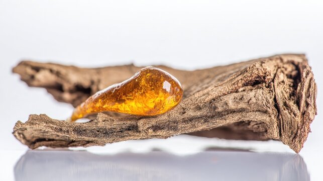 Golden copal resin drop on tree bark against white surface.