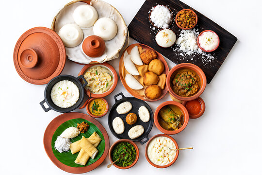 Traditional Bengali Indian Cuisine with Assorted Curries, Pitha, Rice Cakes and Sweets on Terracotta Plates, Top View