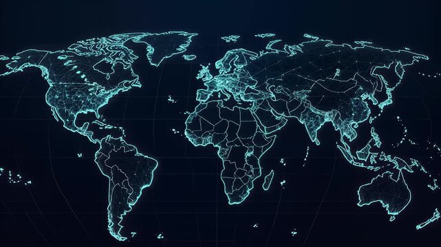 Digital world map glowing with network connections on dark background representing global connectivity