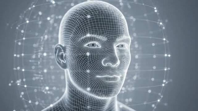 Digital Identity Scan: A futuristic 3D wireframe model of a human head, surrounded by glowing nodes and connections, representing digital identity, AI, and advanced technology.