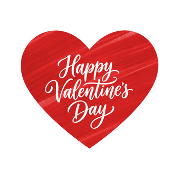 Happy Valentine's Day White Calligraphy on Textured Red Heart Isolated on White Background. Vector illustration.
