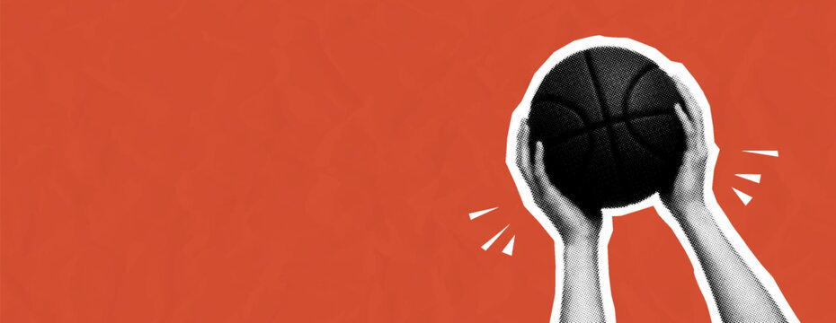 Pop art halftone hands holding a basketball. Retro comic style sports collage banner on red crumpled paper background with copy space. Vector illustration.