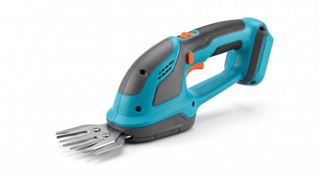 Cordless electric grass shear tool with vibrant blue and grey body isolated on white background