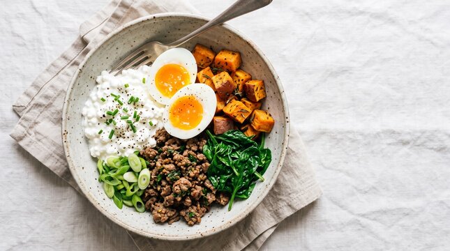 Balanced breakfast bowl with eggs, cottage cheese, vegetables, and seasoned meat on linen